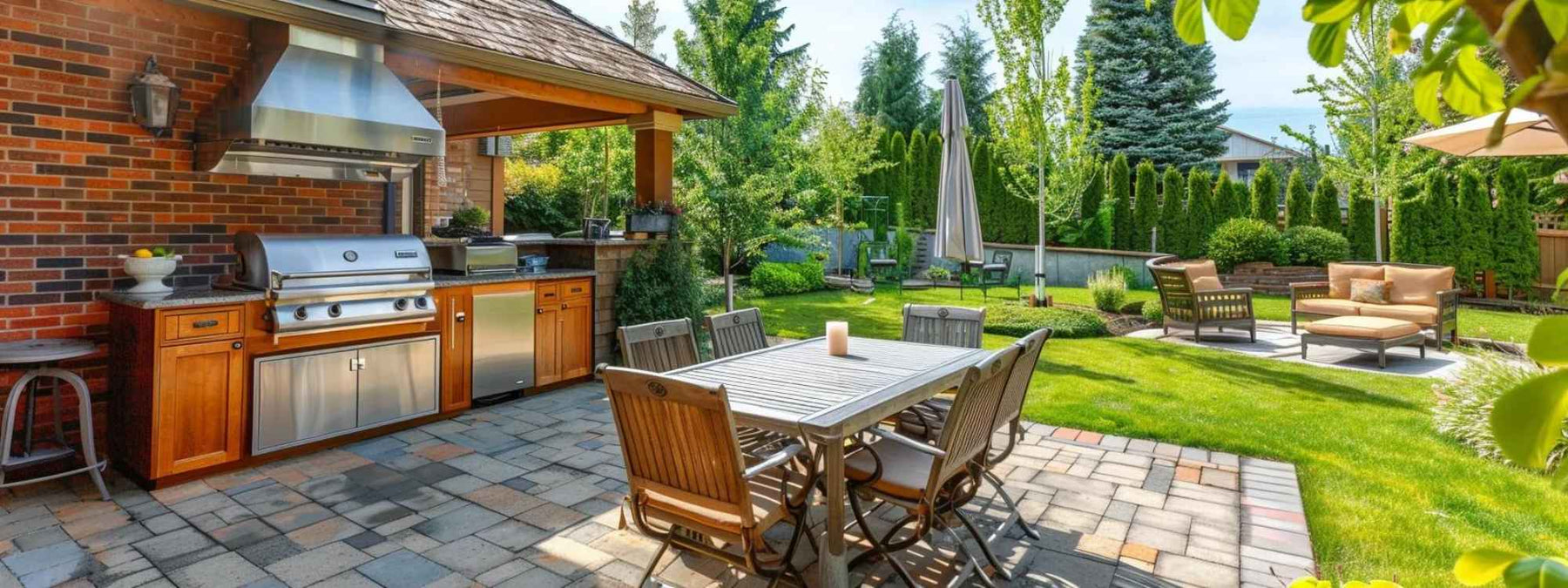 A backyard outdoor kitchen with a built-in grill, stainless appliances, and a dining table showcases stylish ideas from the Top 10 Backyard Essentials for 2025