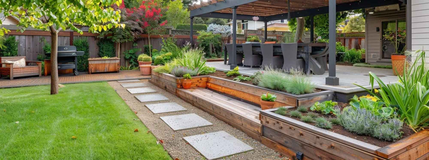 A backyard shows a clean layout with wooden raised garden beds filled with herbs and plants, offering a real-life example of How to Start a Raised Garden Bed