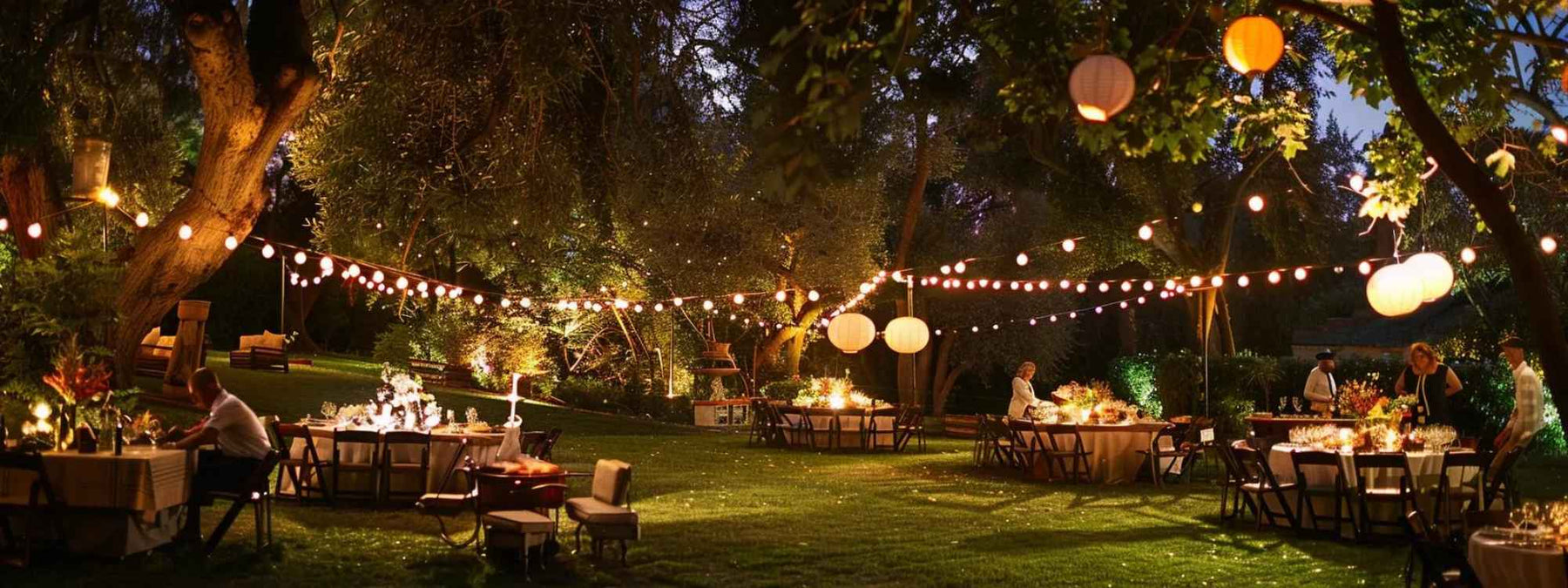 A backyard with soft grass, rustic chairs, and twinkling string lights creates the perfect scene for how to host the perfect backyard BBQ party