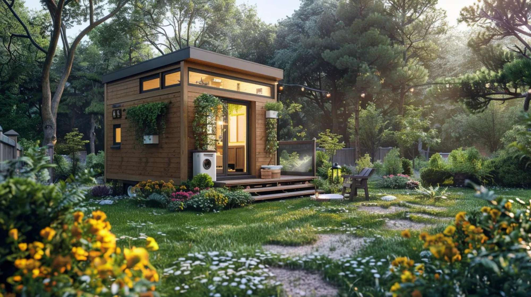 A bright, green backyard filled with flowers, trees, and a wooden cottage shows the beauty of natural balance in Which Side of House is Best for Your Garden