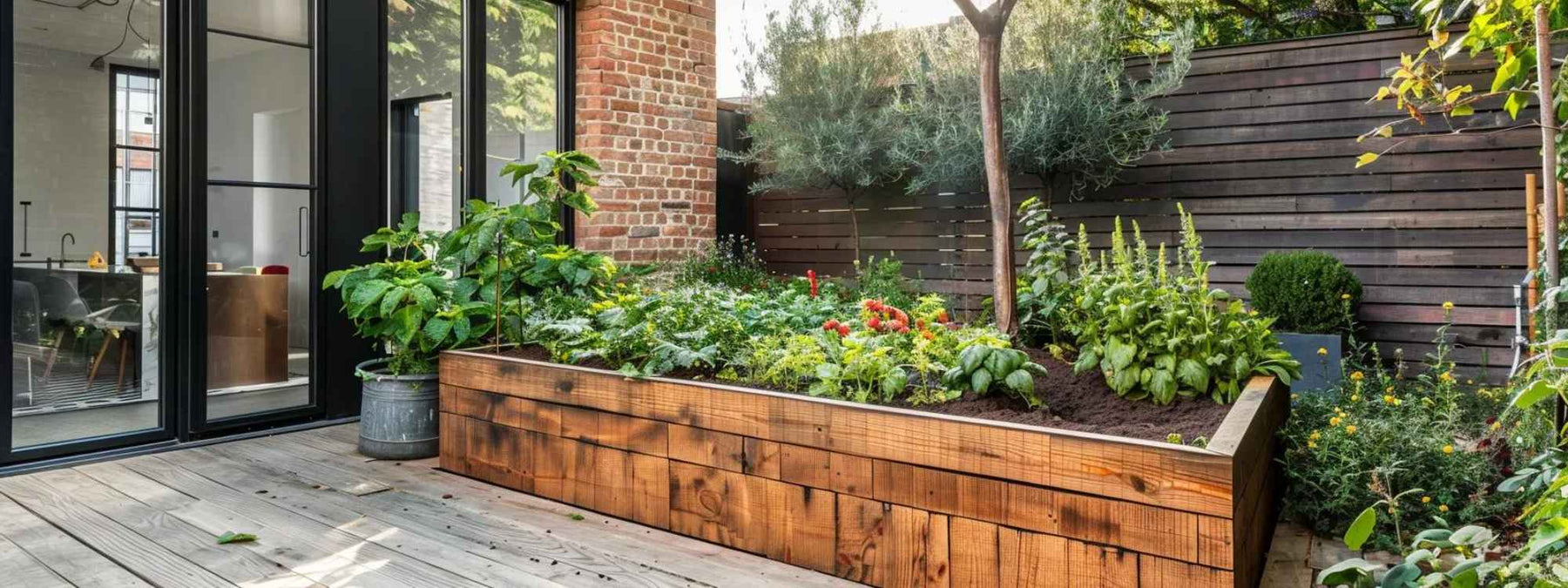 A close-up of a raised bed with layers of thriving vegetables and flowers, offering a visual example for How to Fill Raised Garden Beds in urban garden spaces