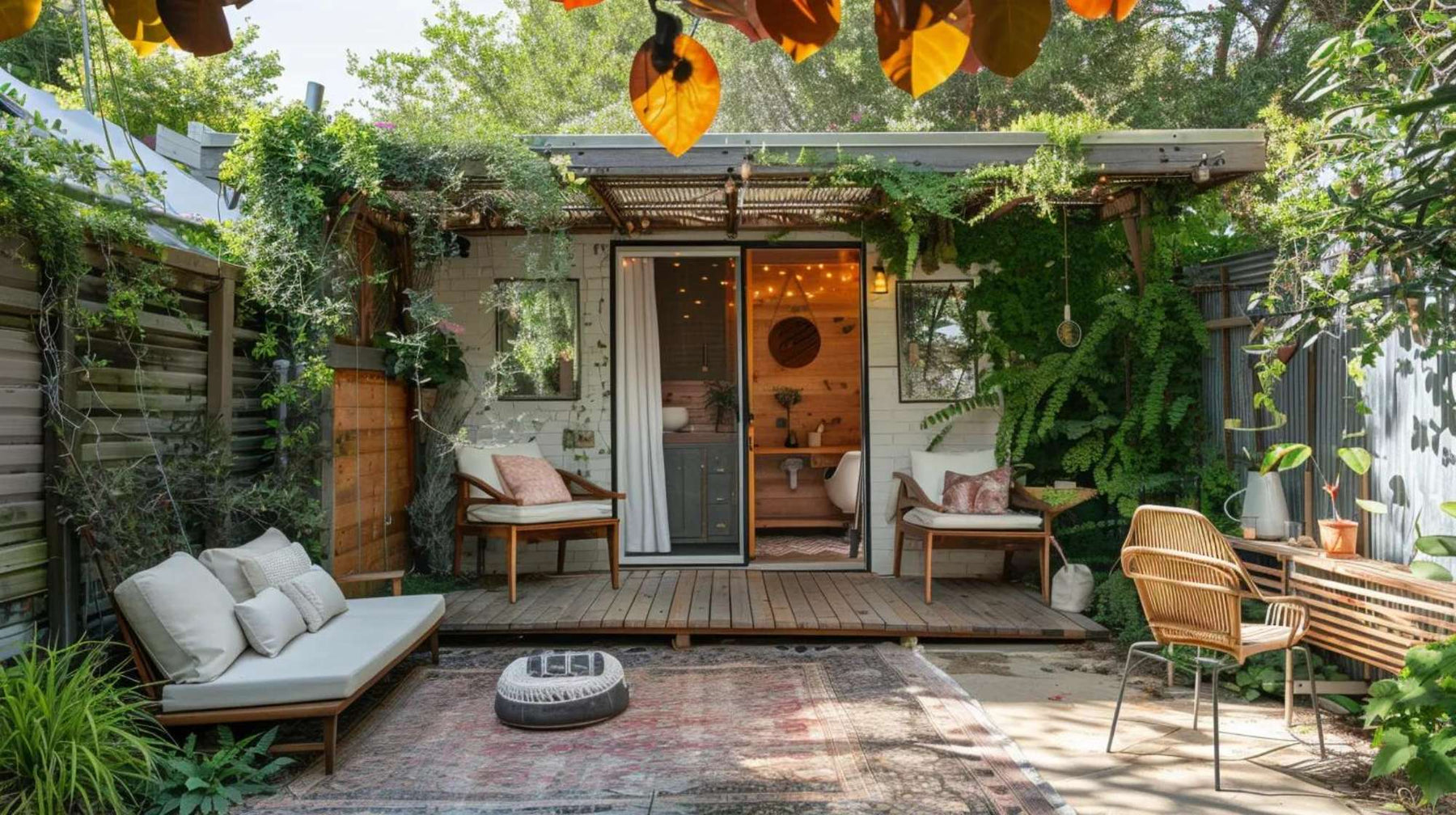A cozy backyard she shed surrounded by greenery shows that Can A She Shed Have A Bathroom with its inviting setup featuring a sink and bathtub inside