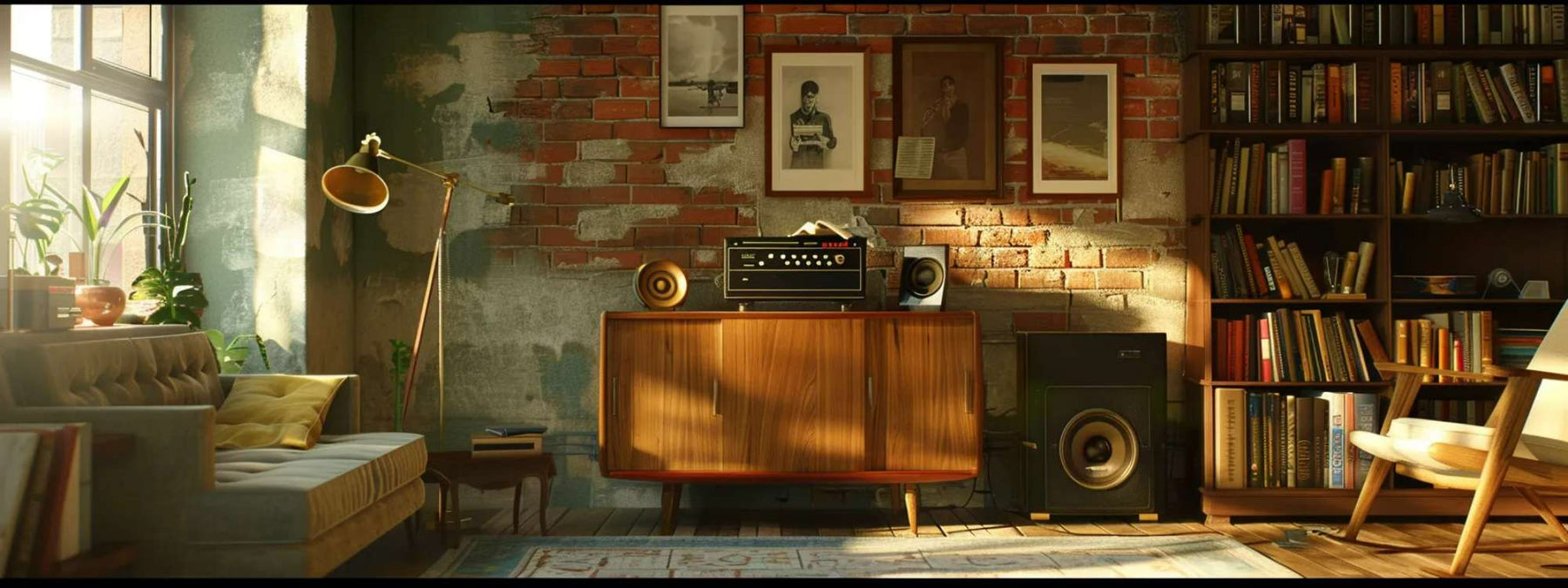 A cozy living room with warm sunlight features an exposed brick wall, a wooden console, and a Bluetooth record player sitting on top