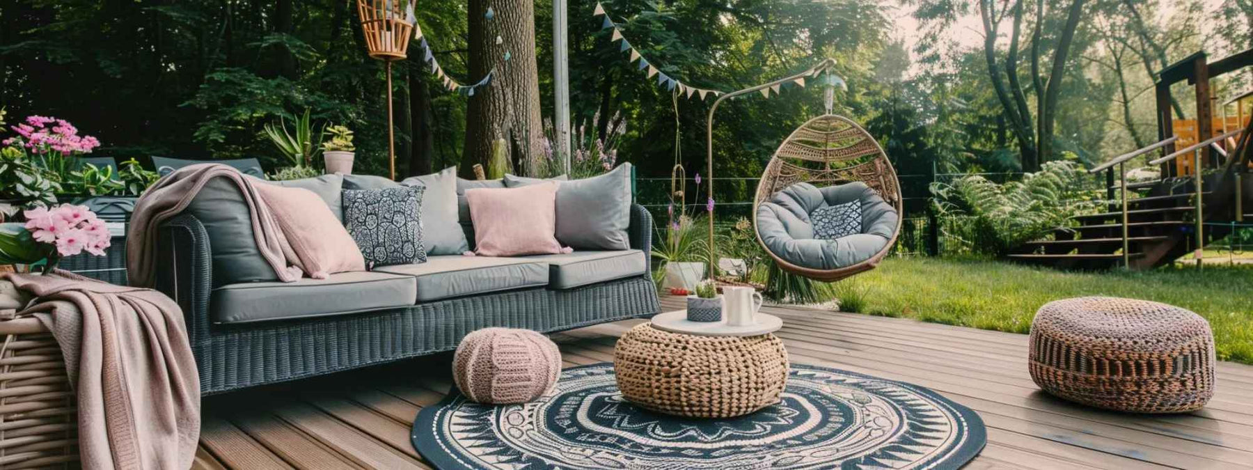 A cozy outdoor setup with a cushioned wicker sofa, throw pillows, and soft lighting shows how Choosing the Right Furniture for Your Outdoor Space can turn a backyard into a comfortable retreat