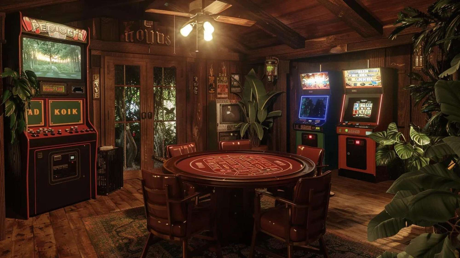 A cozy wood-paneled man cave with arcade machines, a poker table, leather chairs, and warm lighting shows exactly how to setup a man cave