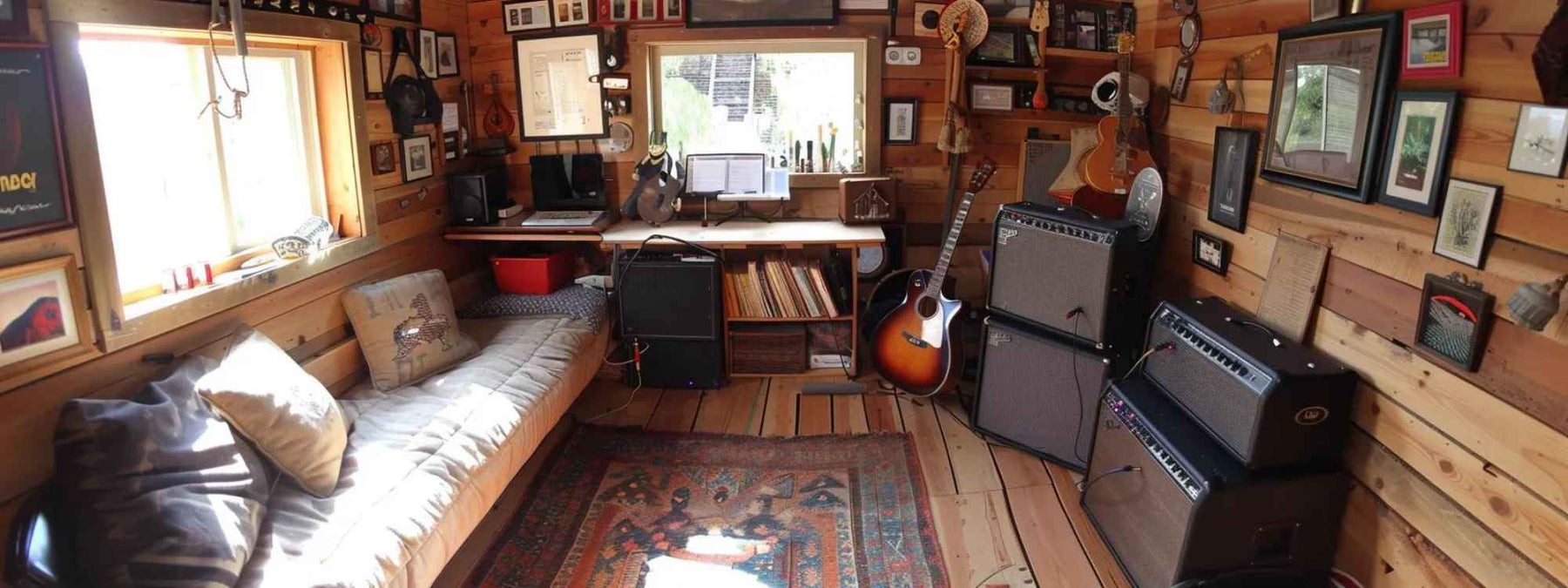 A cozy wood-paneled room with guitars, amps, and framed art shows how to decorate an outdoor music room with personality and function