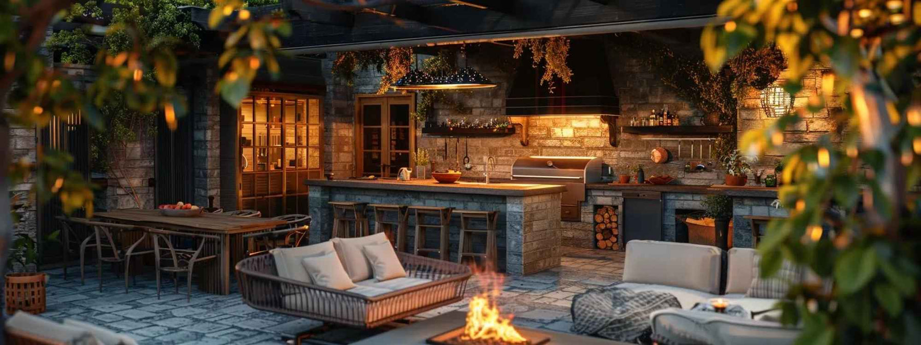 A glowing stone patio with cushioned chairs, a fire pit, and a full outdoor kitchen reflects the cozy and functional style seen in the 8 Trends in Outdoor Living Spaces