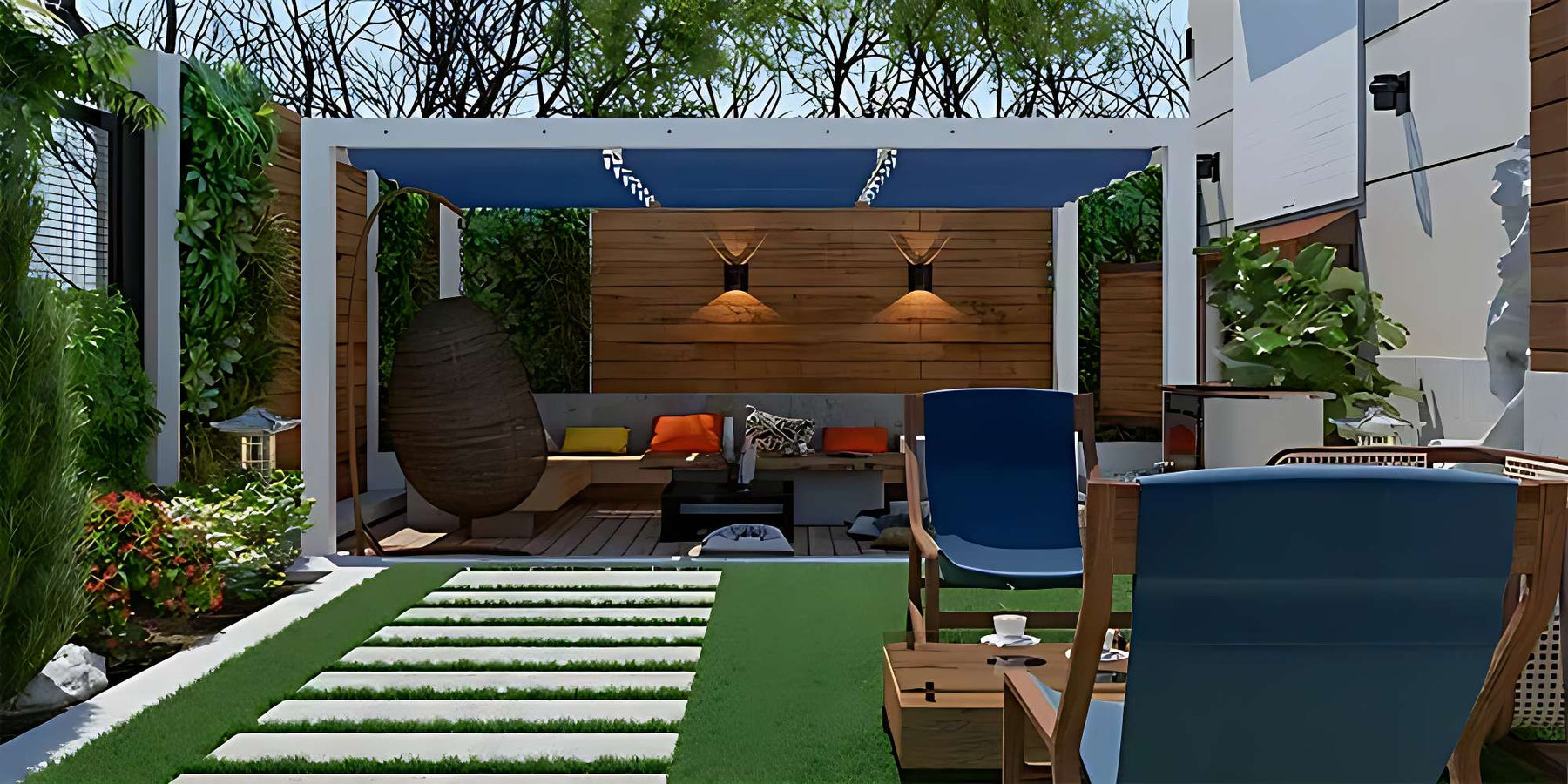 A hanging egg chair and outdoor lights add comfort and ambiance to a space surrounded by The Best Plants to Grow Around Your Pergola