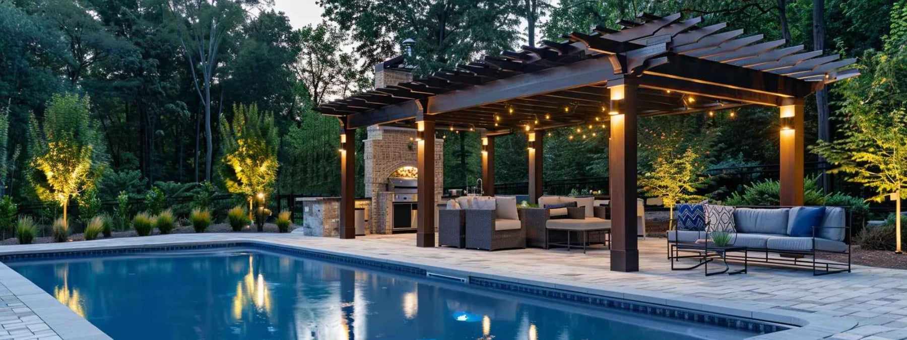 A large wooden pergola with warm lights is built beside a modern backyard pool, showing a stylish and functional example of Where to Put a Pergola for both shade and entertaining