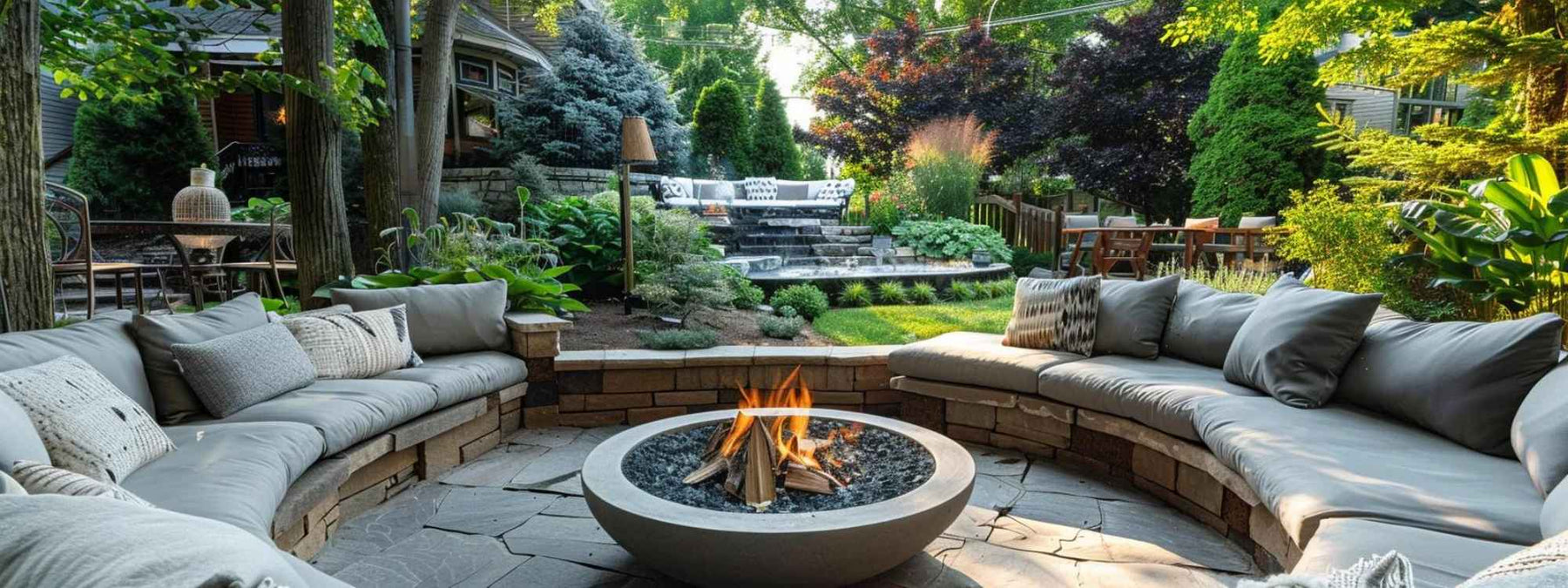 A lush backyard features a circular stone fire pit surrounded by cushioned seating, showing how to design your backyard for wellness with comfort, greenery, and space to unwind