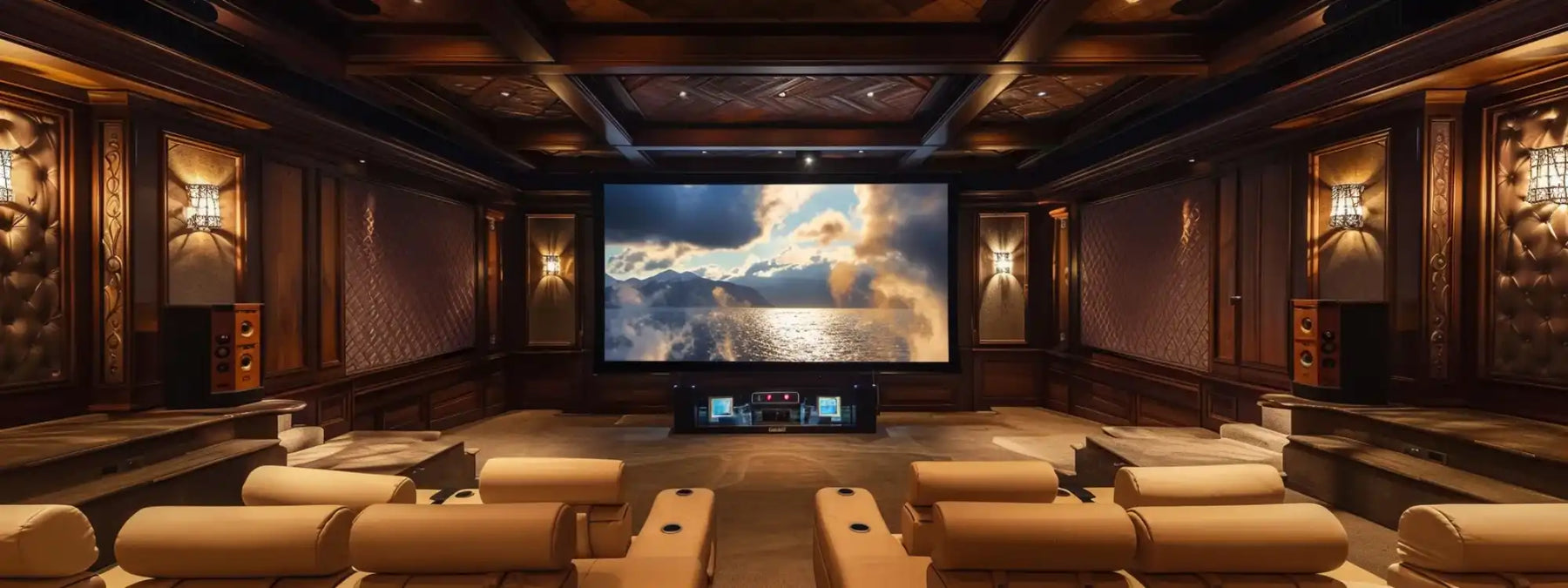 A luxurious home theater with plush recliners and a massive screen, perfect for Valencia Tuscany Slim vs. Other Seats comparison