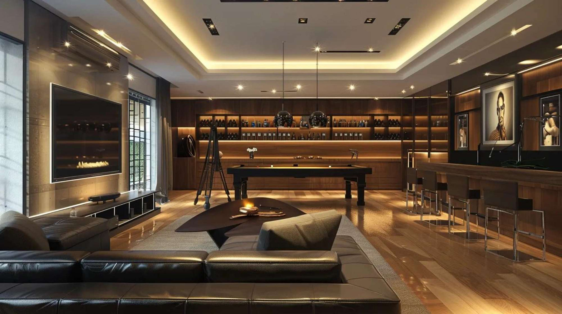 A luxurious man cave with sleek furniture, rich wood finishes, and mood lighting that answers the question Can I Build a Man Cave in My Garden with a confident yes