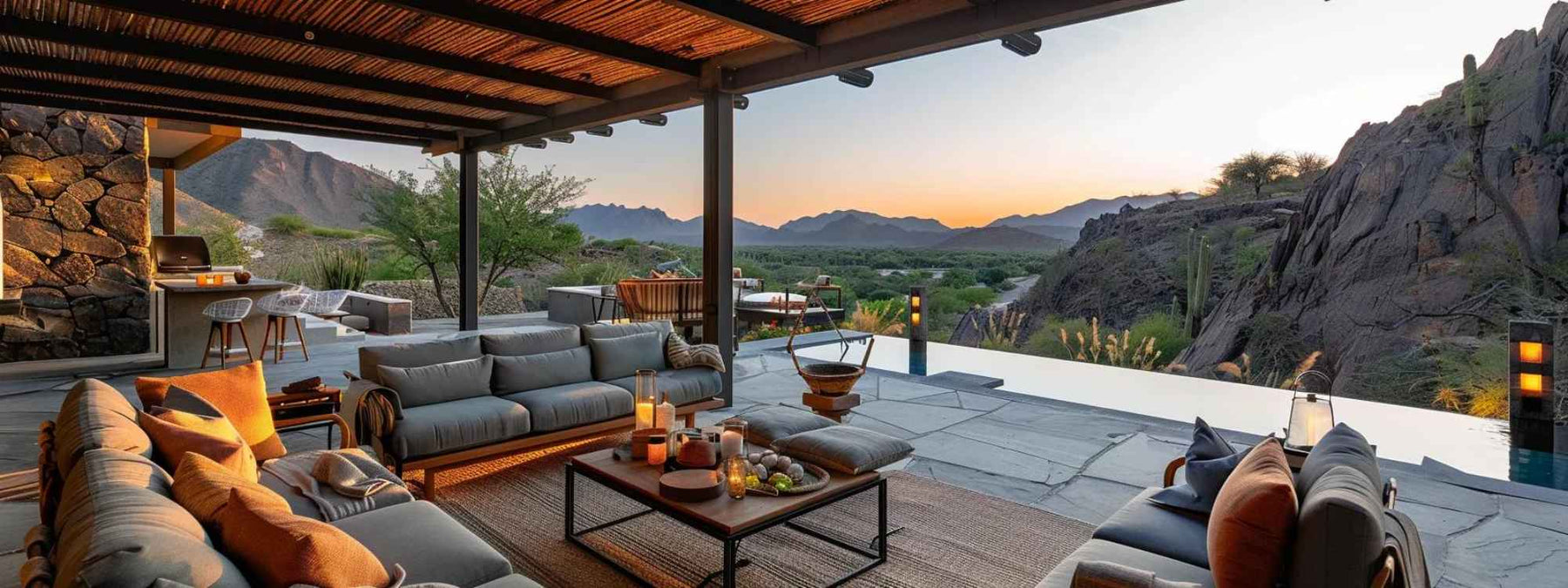 A luxurious outdoor retreat with sofas, candles, and mountain views highlights how comfort and layout can avoid common Mistakes People Make When Designing Their Retreat Spaces