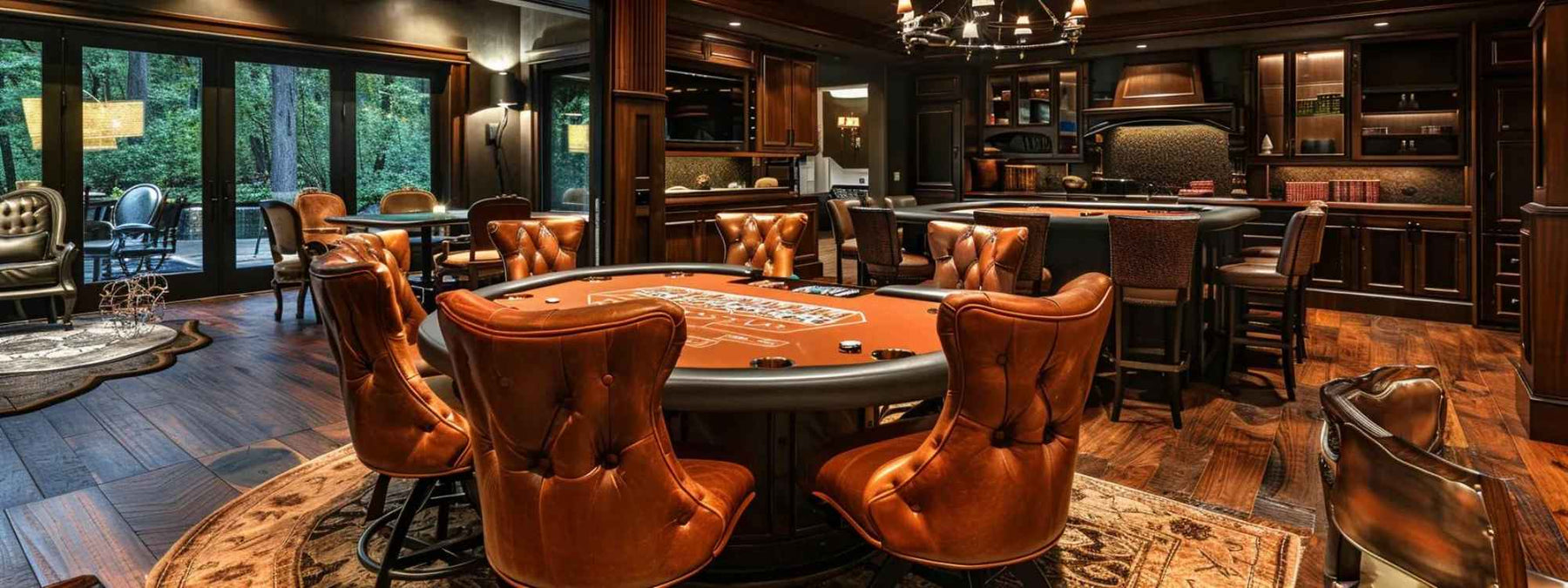 A luxurious room with a Poker Dining Table with Chairs made of leather, surrounded by elegant wood flooring and dim ambient lighting