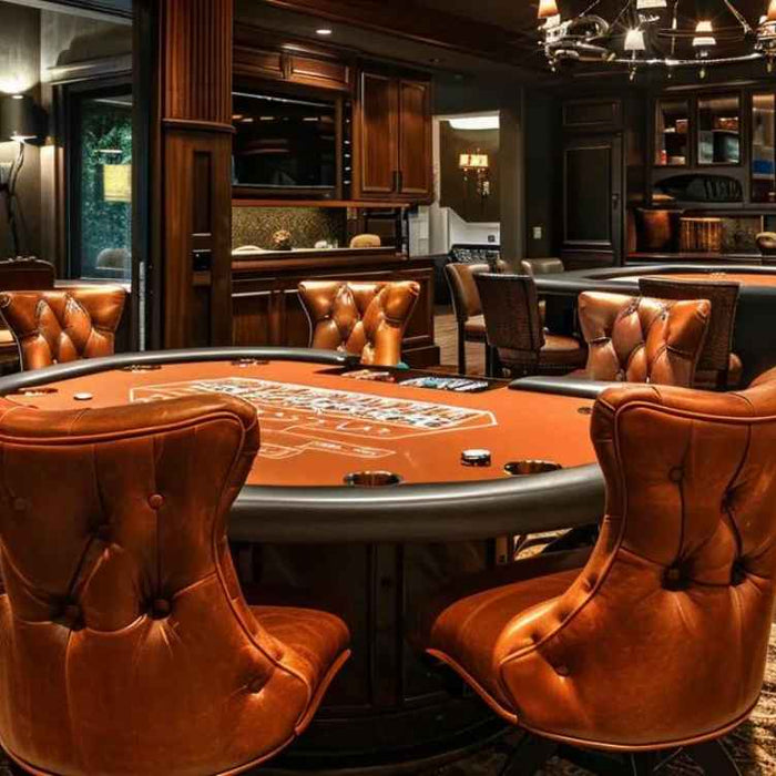A luxurious room with a Poker Dining Table with Chairs made of leather, surrounded by elegant wood flooring and dim ambient lighting
