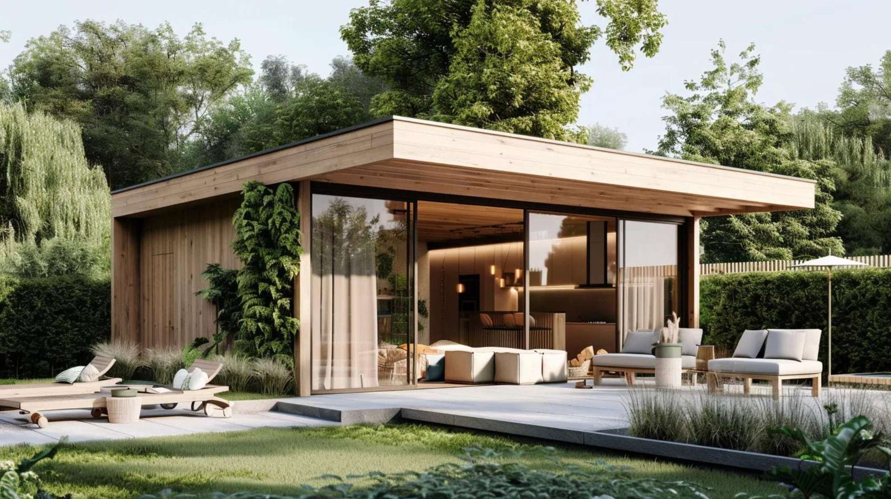 A modern wooden shed with glass walls, lush greenery, and cozy seating perfectly illustrates What Is a She Shed as a stylish backyard retreat