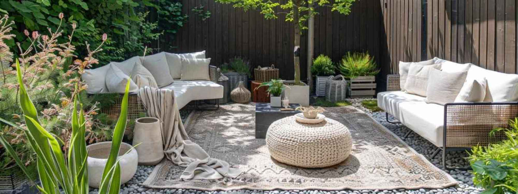 A peaceful backyard corner with soft white seating, a central tree, and stone flooring demonstrates how to weatherproof your outdoor space using natural barriers and easy-to-clean surfaces