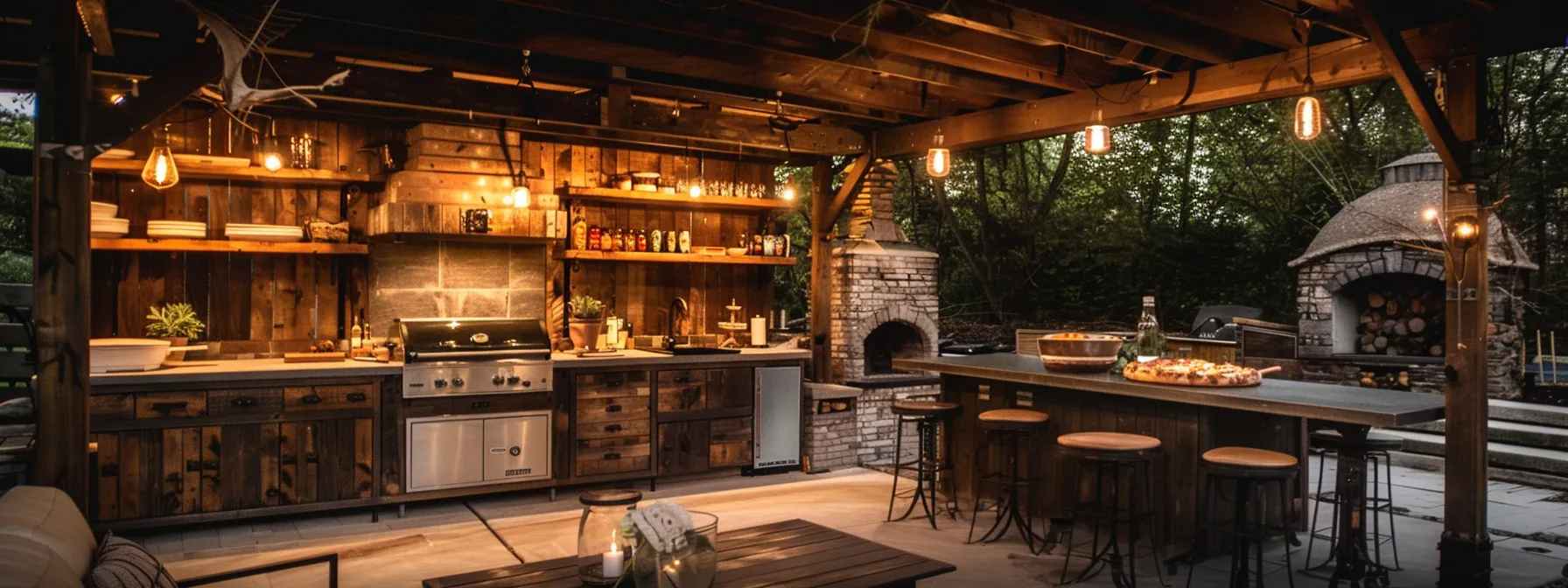 A rustic outdoor kitchen with a grill, bar, and pizza oven under a pavilion shows smart Outdoor Kitchen Ideas for Small, Medium, and Large Backyards