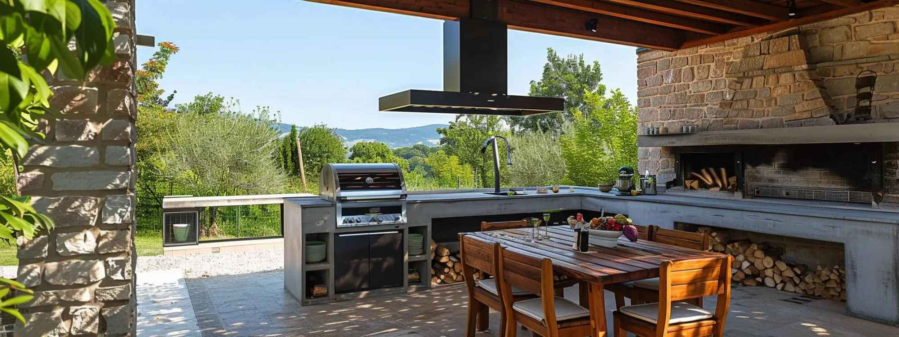 A shaded outdoor kitchen with a stone wall, grill, dining table, and open green views shows how to build an outdoor cooking station that blends comfort with function