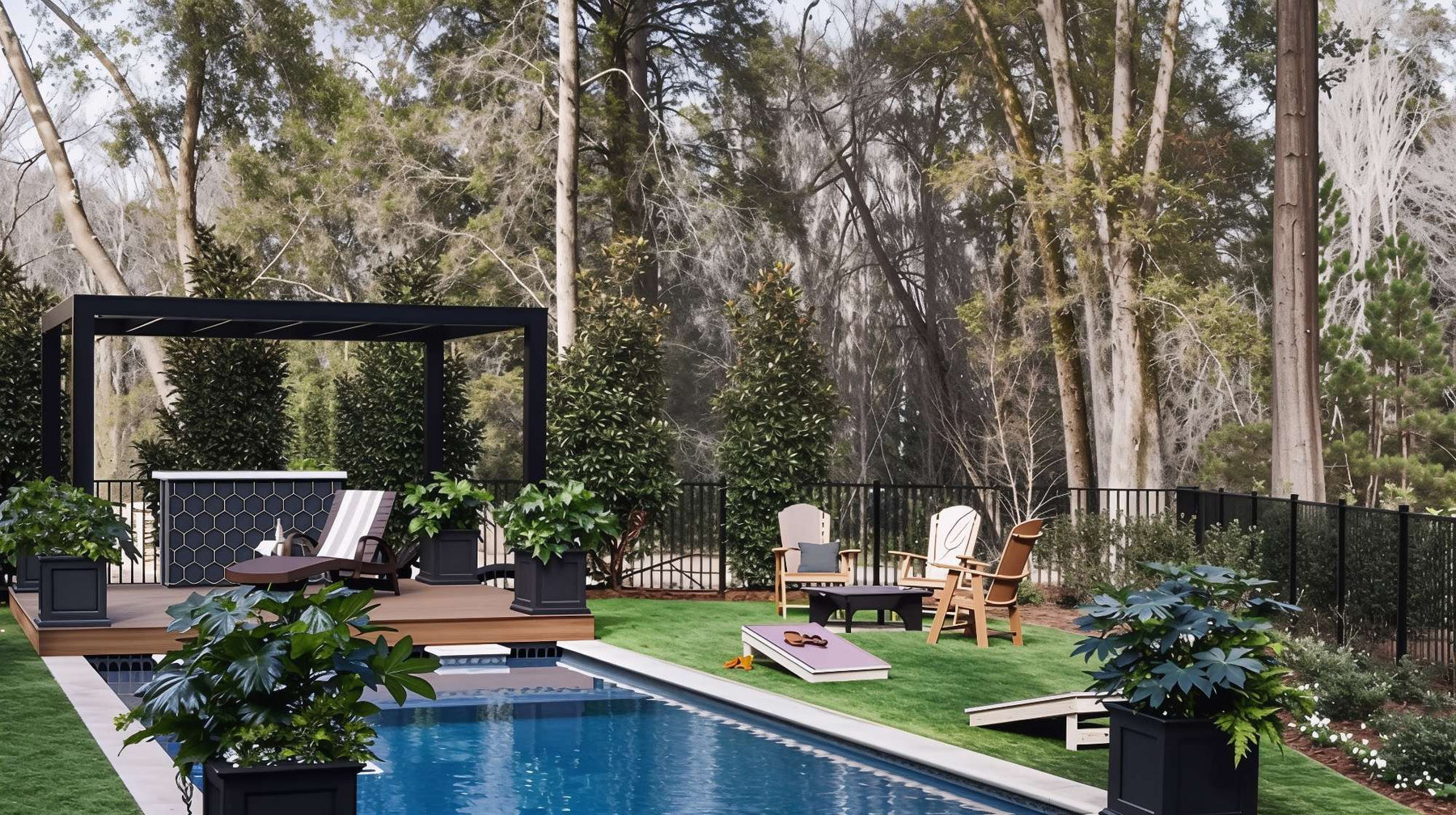 A sleek black pergola stands over a modern deck beside a pool, offering a clean visual for those comparing Wood vs. Aluminum Pergolas