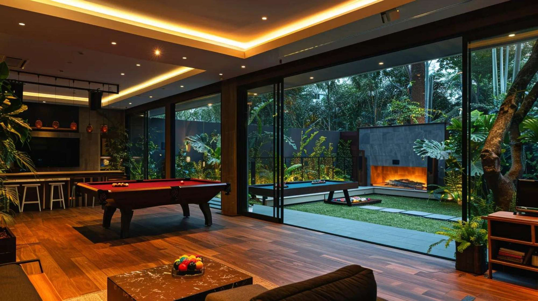 A sleek man cave with warm wood floors, a red billiard table, and sliding glass doors opening to a lush garden defines What is a Man Cave Room in style
