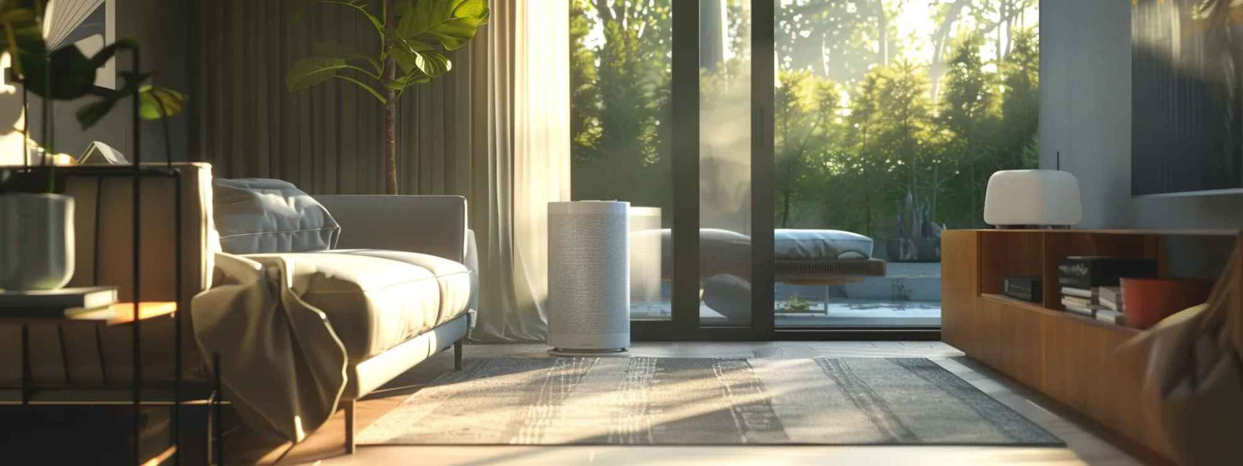 A sleek, white Tobacco Smoke Removal Air Purifiers stands in a stylish home setting, blending seamlessly with the furniture and decor