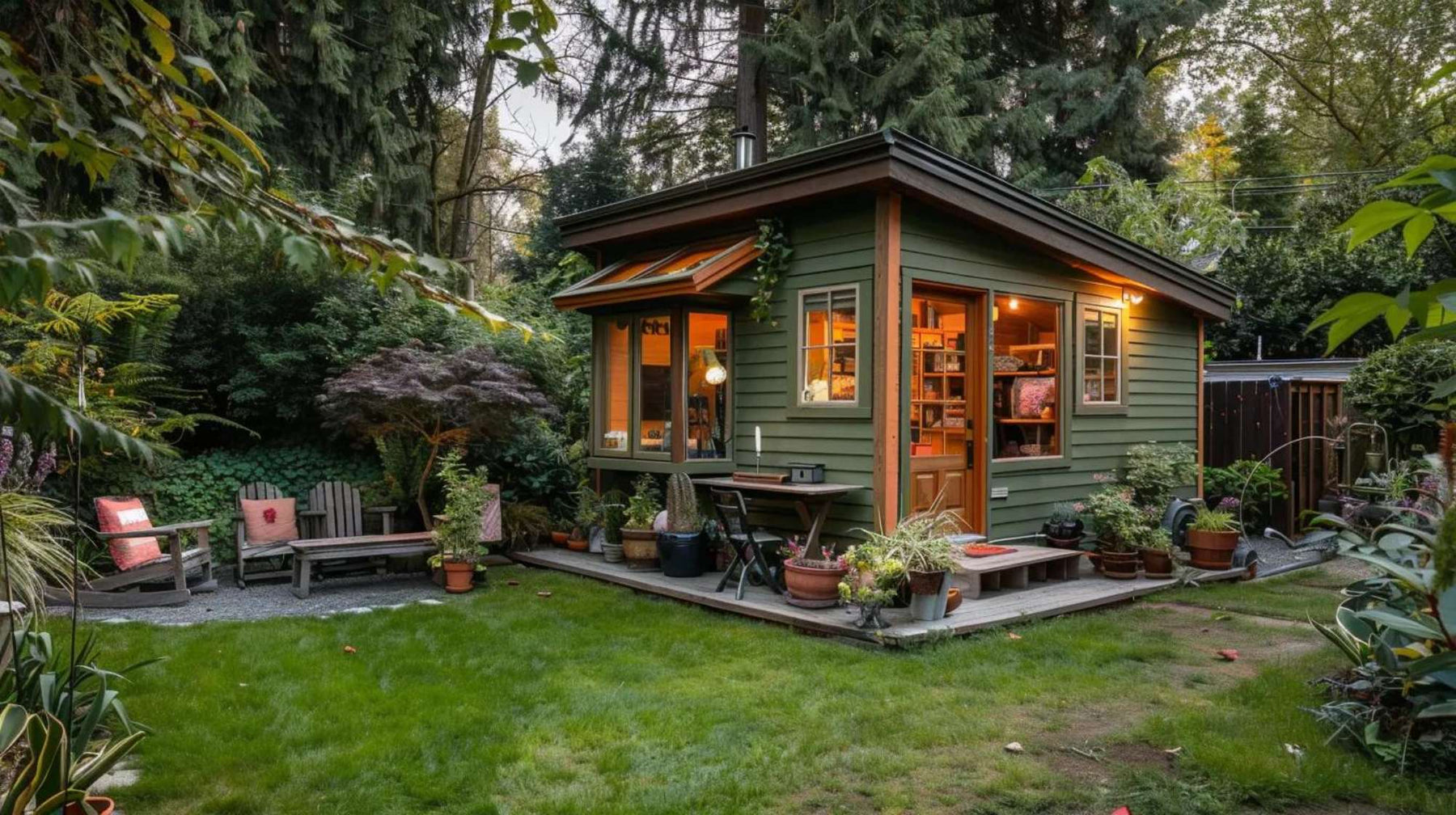 A small green cabin surrounded by trees and garden chairs, perfectly showing how to build a tiny home for peaceful and simple living