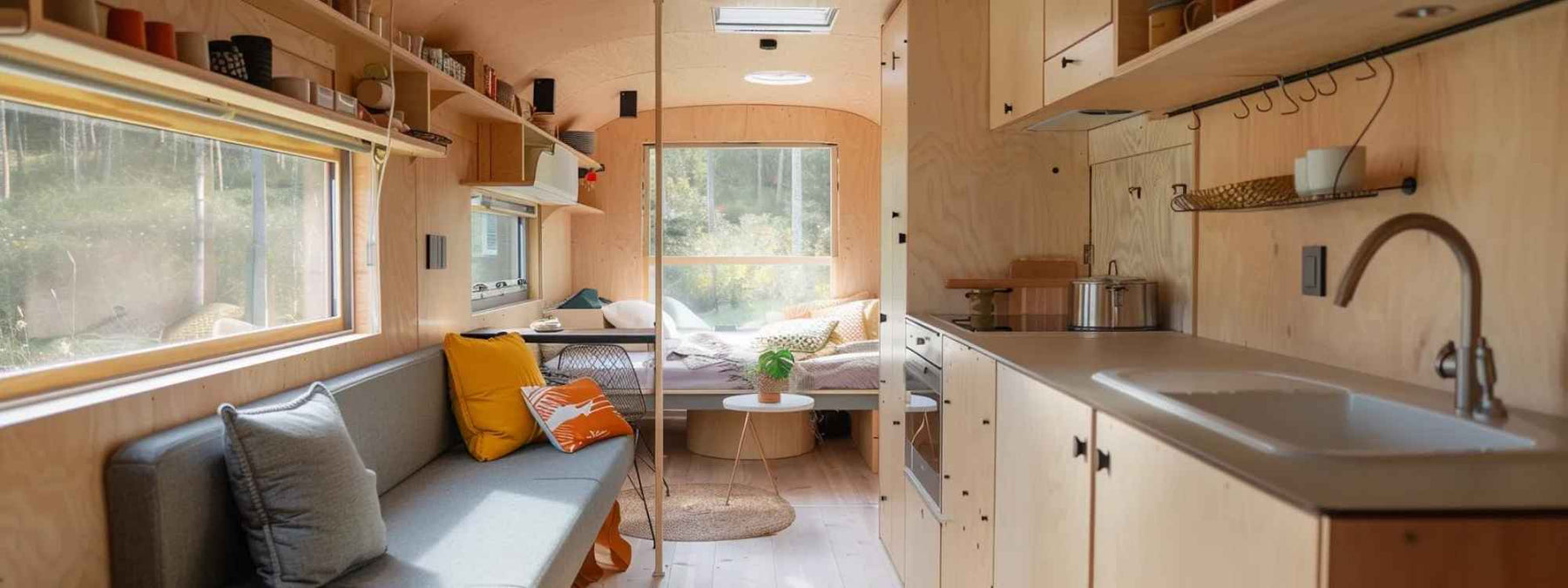 A small, well-organized interior of a tiny house featuring a compact kitchen, built-in storage, a sofa, and a sleeping area in the background—highlighting Essential Items for Your Tiny House