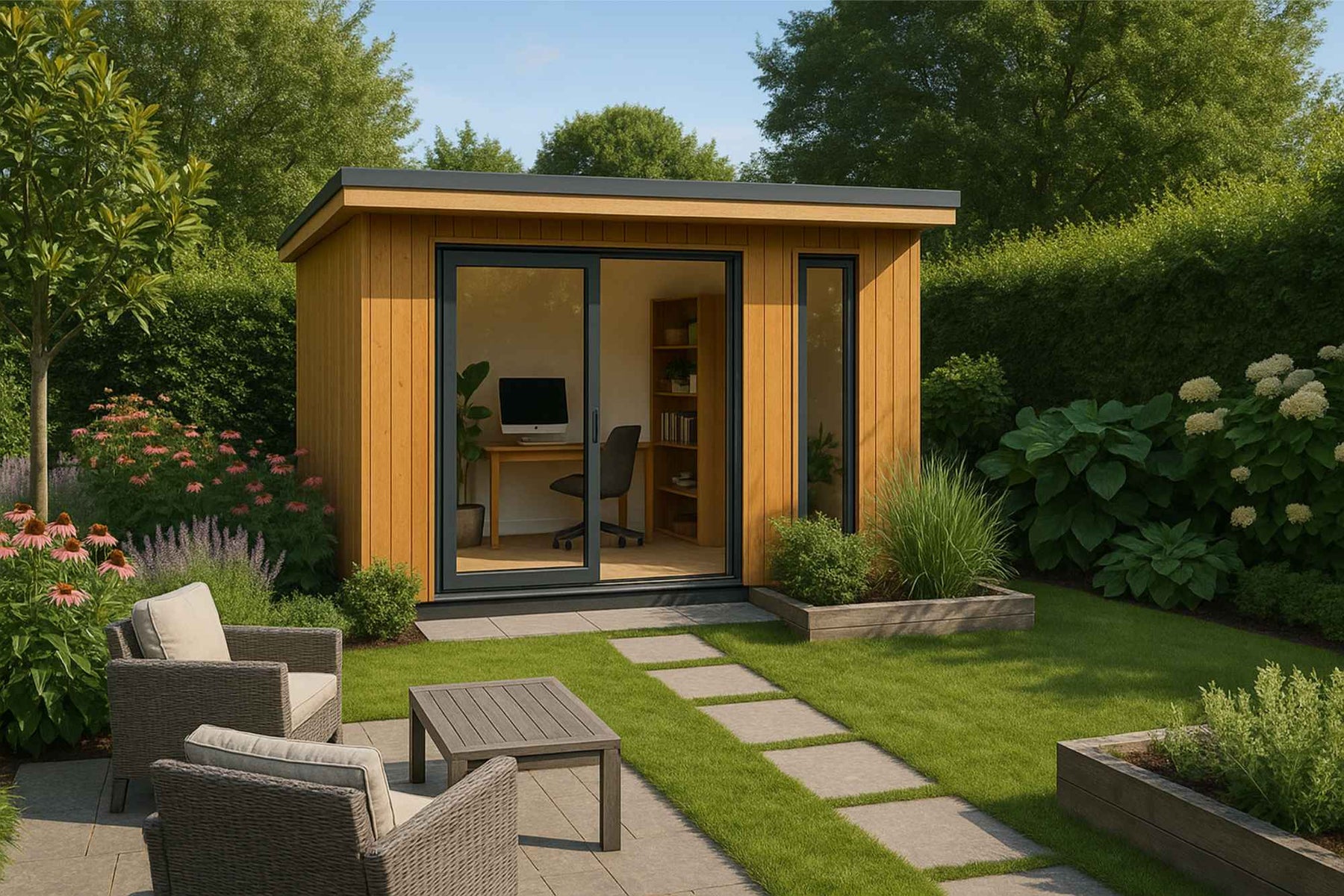 A small wooden building with big glass doors sits in a green backyard with chairs, flowers, and plants, showing Setting Up a Home Office Garden Room