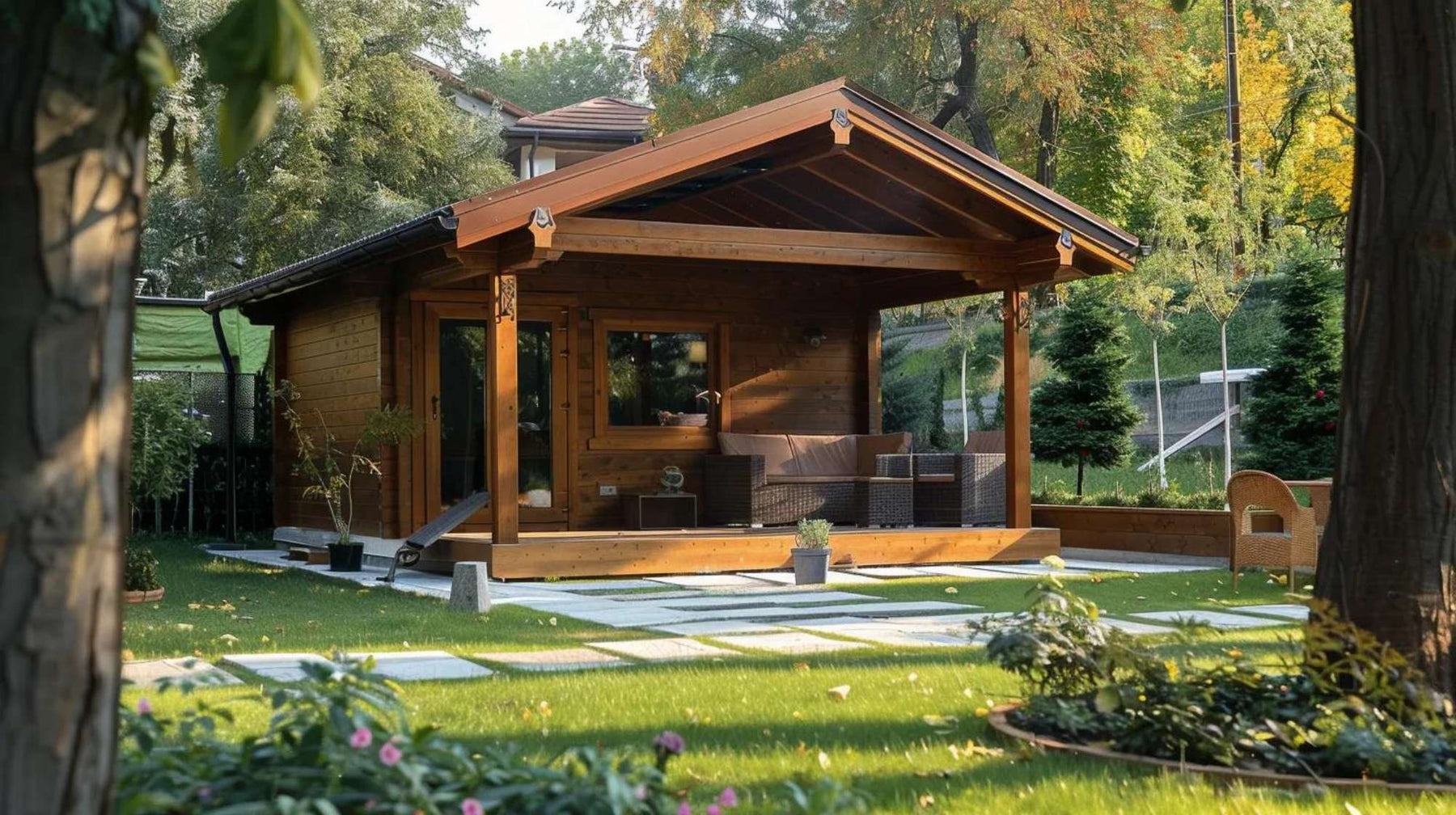 A small wooden garden retreat with wide windows and a shaded porch rests in a lush backyard, perfectly illustrating How Much Does a Garden House Cost in 2025