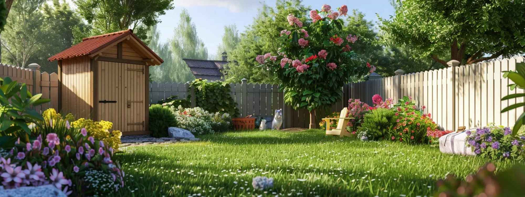 A small wooden shed sits in a lush backyard surrounded by blooming flowers, green grass, and garden decor, illustrating the ideal setup for storing the 15 Must-Have Tools for Small Outdoor Sheds