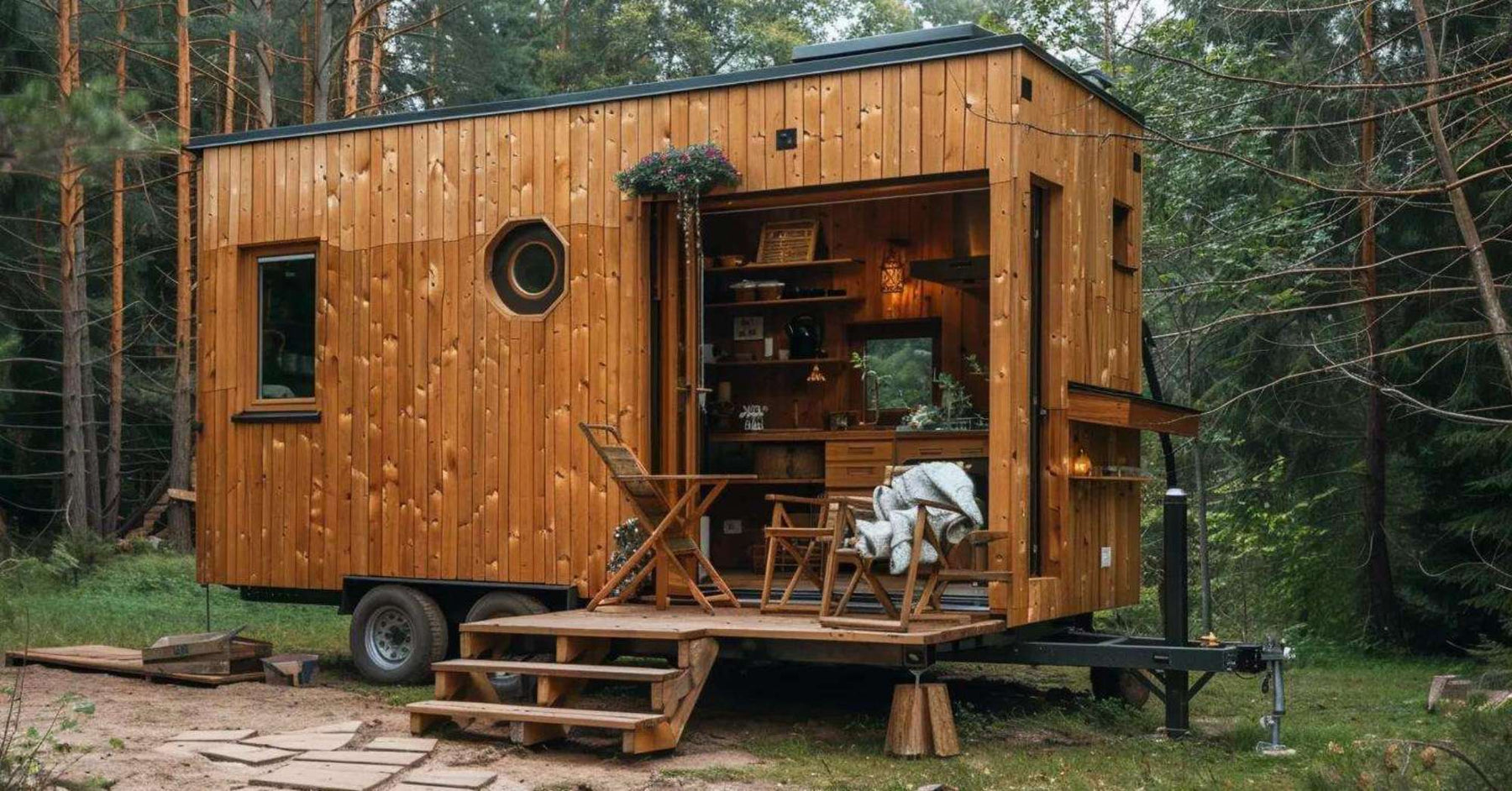 A small wooden tiny home on wheels sits among tall trees, showing the beauty of off-grid living and answering the question, Where Can I Put a Tiny Home