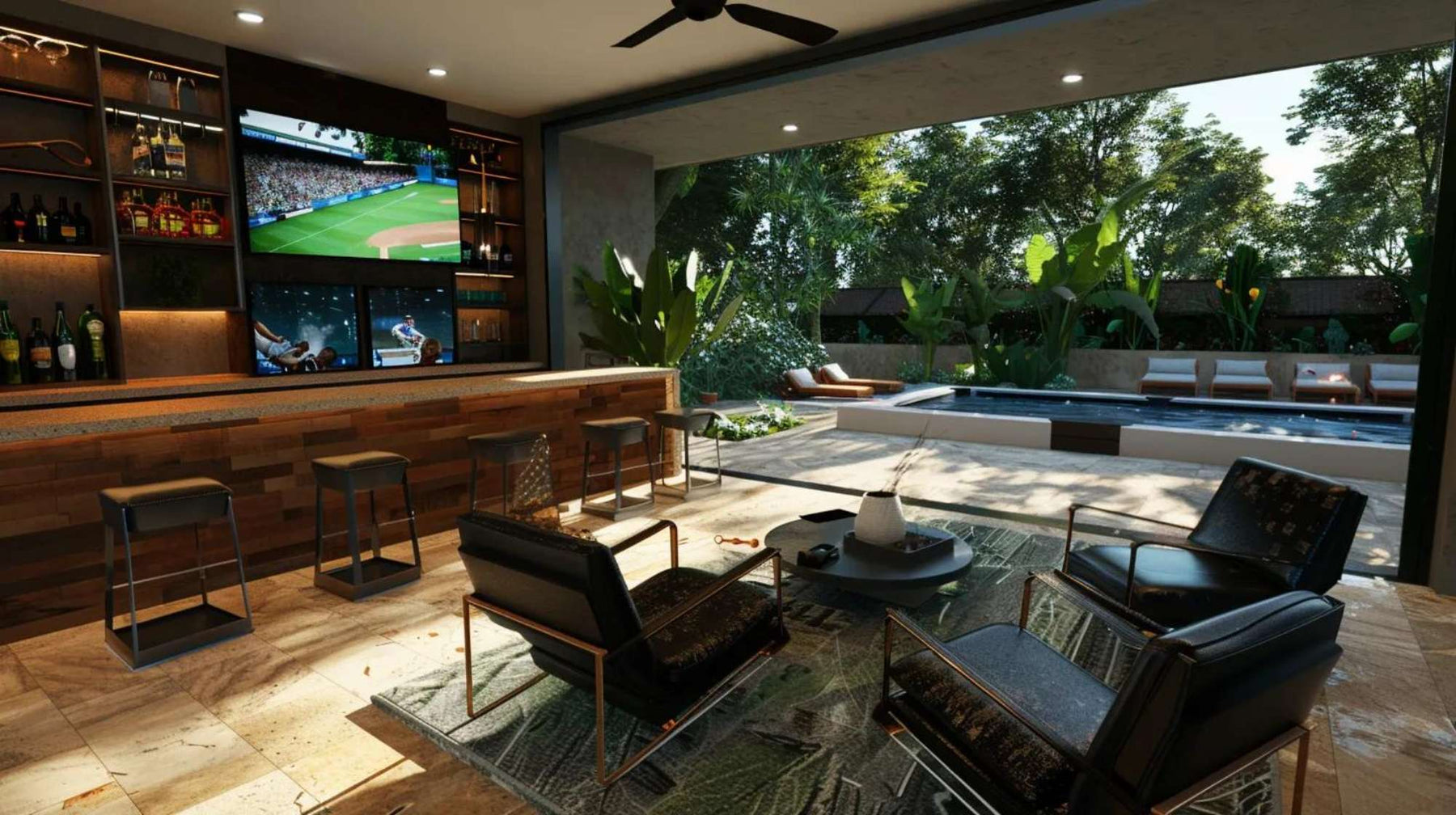 A stylish man cave with a bar, leather seating, and poolside view shows how to design a man cave that’s both relaxing and refined