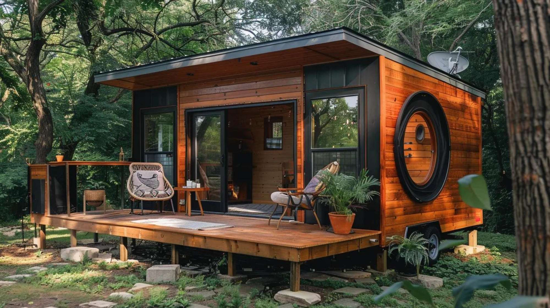A stylish she shed made of warm-toned wood and black trim rests on a raised deck with outdoor chairs, offering a peaceful answer to Can I Build a She Shed on My Property