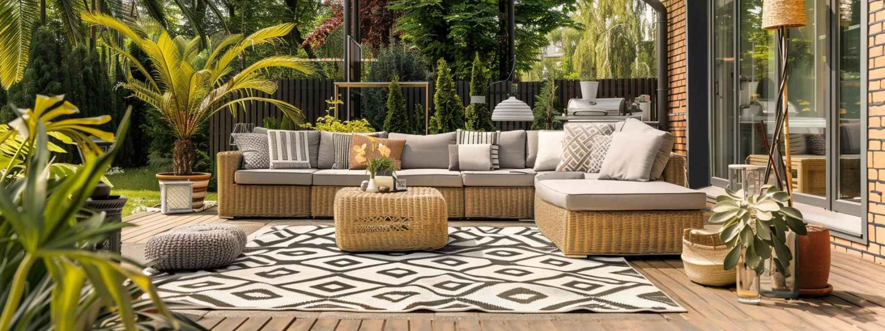A sunny outdoor lounge with plush cushions, a rattan coffee table, and leafy greenery captures one of the 10 Outdoor Living Space Ideas for Summer that’s easy to recreate