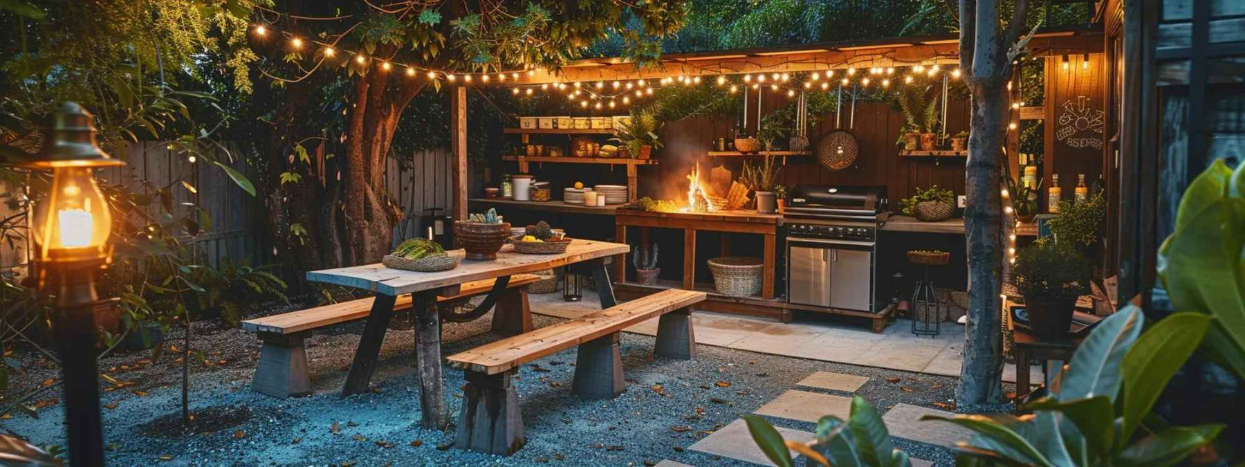 A warm outdoor kitchen glows under string lights, showcasing the Must-Have Features in a Backyard Cooking Station Setup like a built-in grill, open shelves, and cozy wooden benches