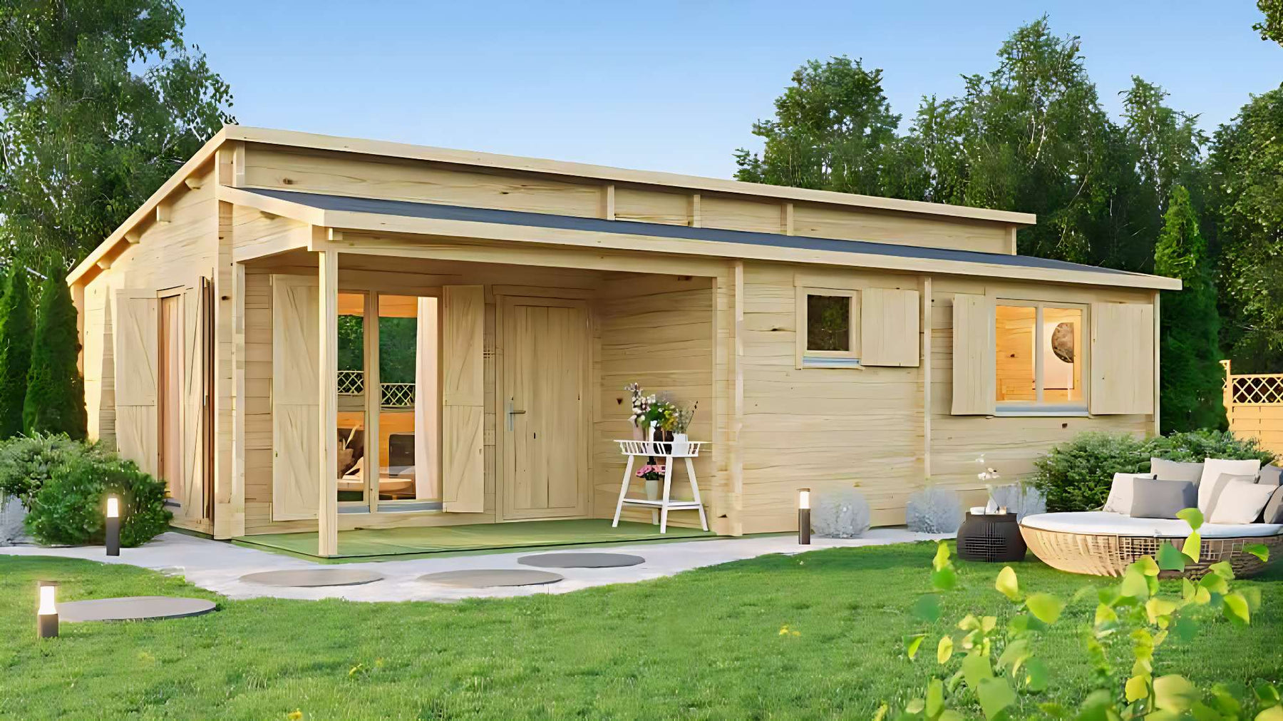 Bright wooden garden room sits in a lush backyard surrounded by greenery, showing Ways to Decorate Your Outdoor Freedom Room with Greenery for comfort and style