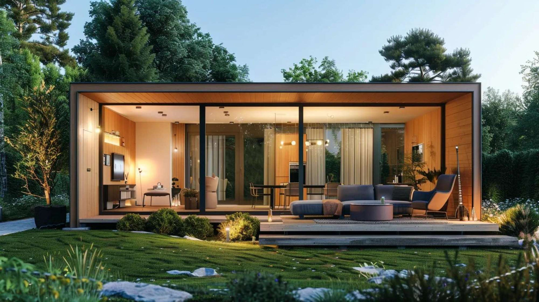 Modern Garden House for Adults with floor-to-ceiling glass walls, warm wood interiors, and cozy outdoor seating surrounded by lush greenery