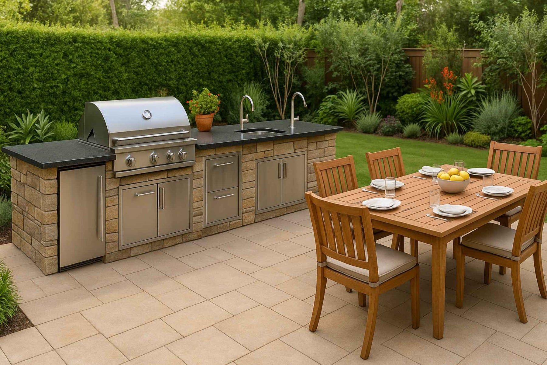 Modern outdoor kitchen with a built-in grill, sink, refrigerator, and a wooden dining table surrounded by greenery, representing 8 Must-Haves for Your Outdoor Kitchen