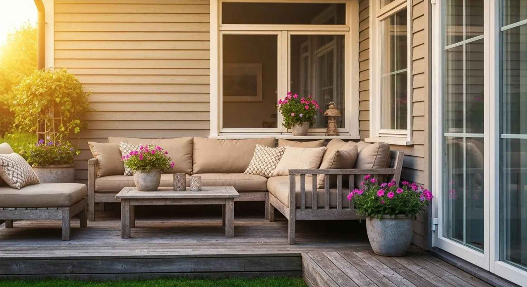 Neutral-toned outdoor furniture and blooming flowers arranged on a wooden deck show the calm simplicity of Backyard Essentials for a Perfect Summer Evening