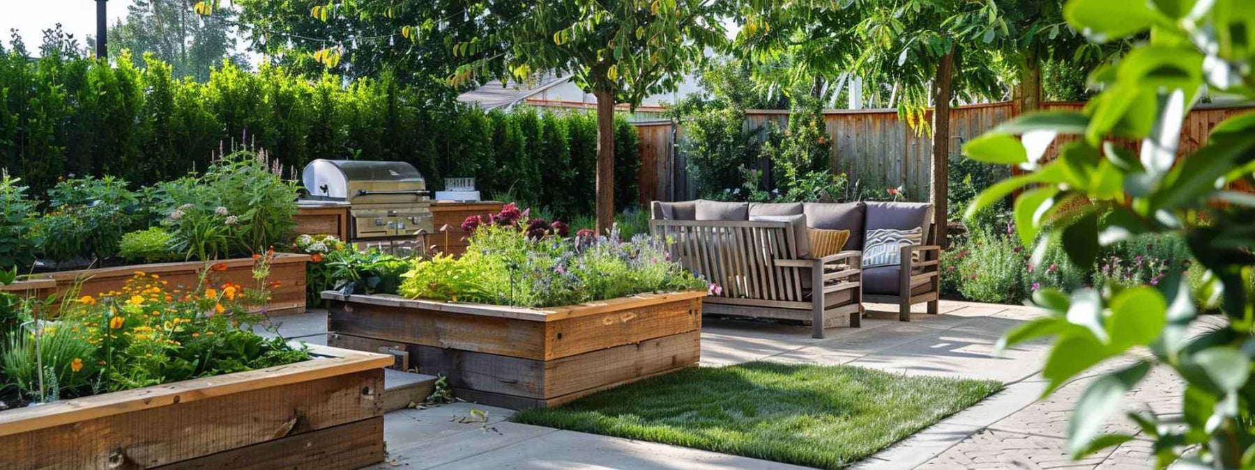 Raised cedar garden beds overflowing with colorful flowers and lush greens sit near a shaded seating area, showcasing the benefits of 6 Cedar Raised Garden Beds Tricks