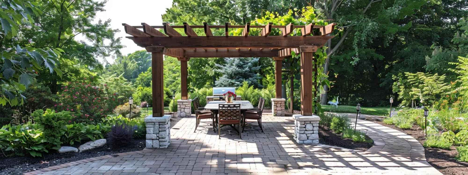 Surrounded by greenery, this pergola casts dappled shadows on a brick patio, helping illustrate how much shade does a pergola provide during daytime