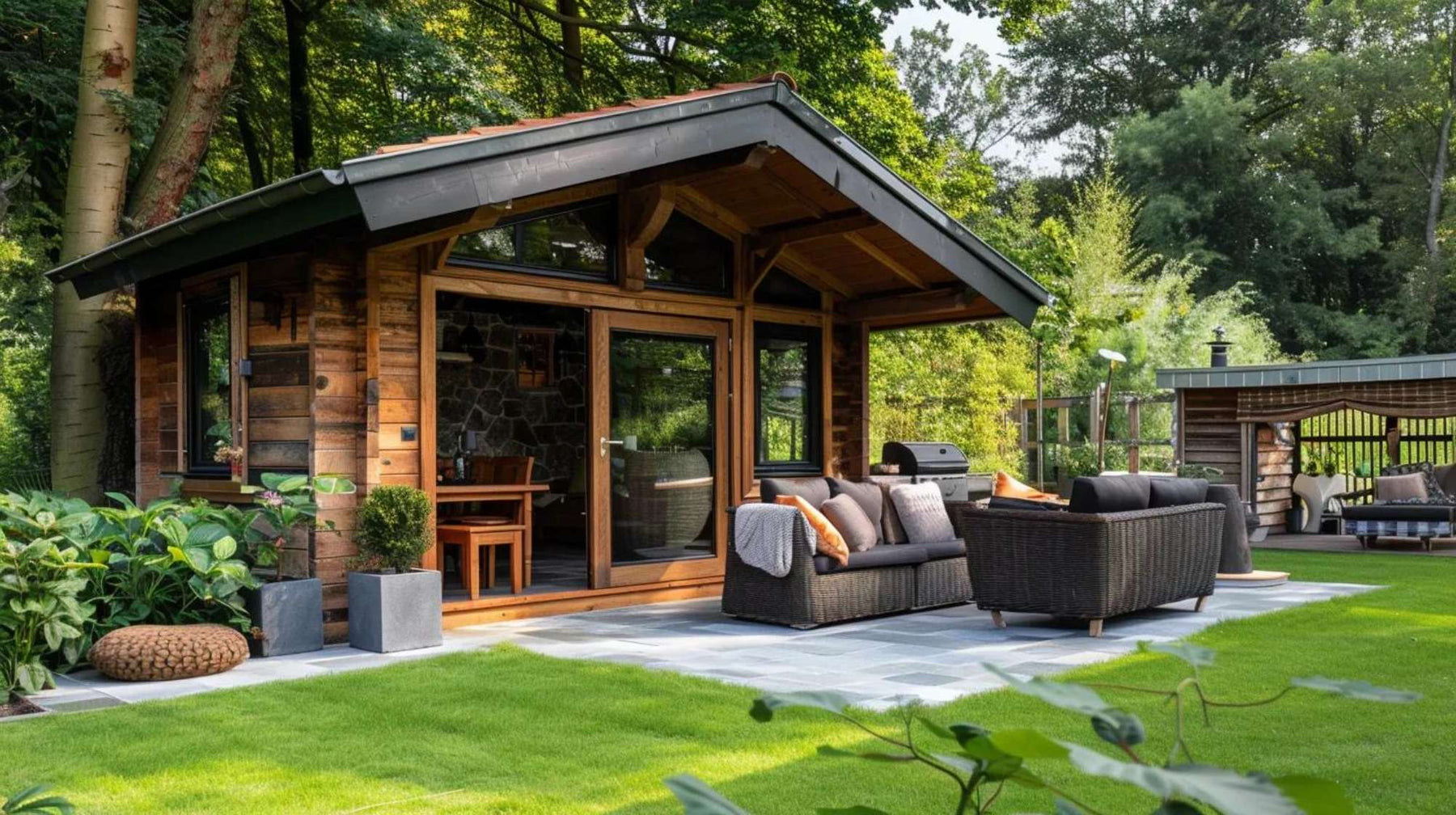 Surrounded by greenery, this small cabin with wide glass doors and outdoor seating shows peaceful, efficient living that makes people ask, Are Tiny Homes Worth It