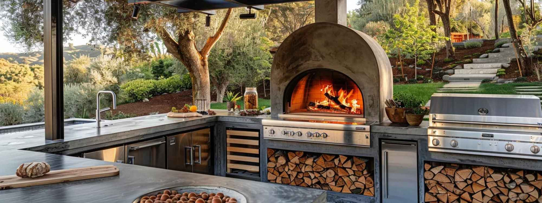 Surrounded by trees and landscape lighting, this scene highlights How to Use a Wood Fired Oven as part of a warm and inviting outdoor cooking experience