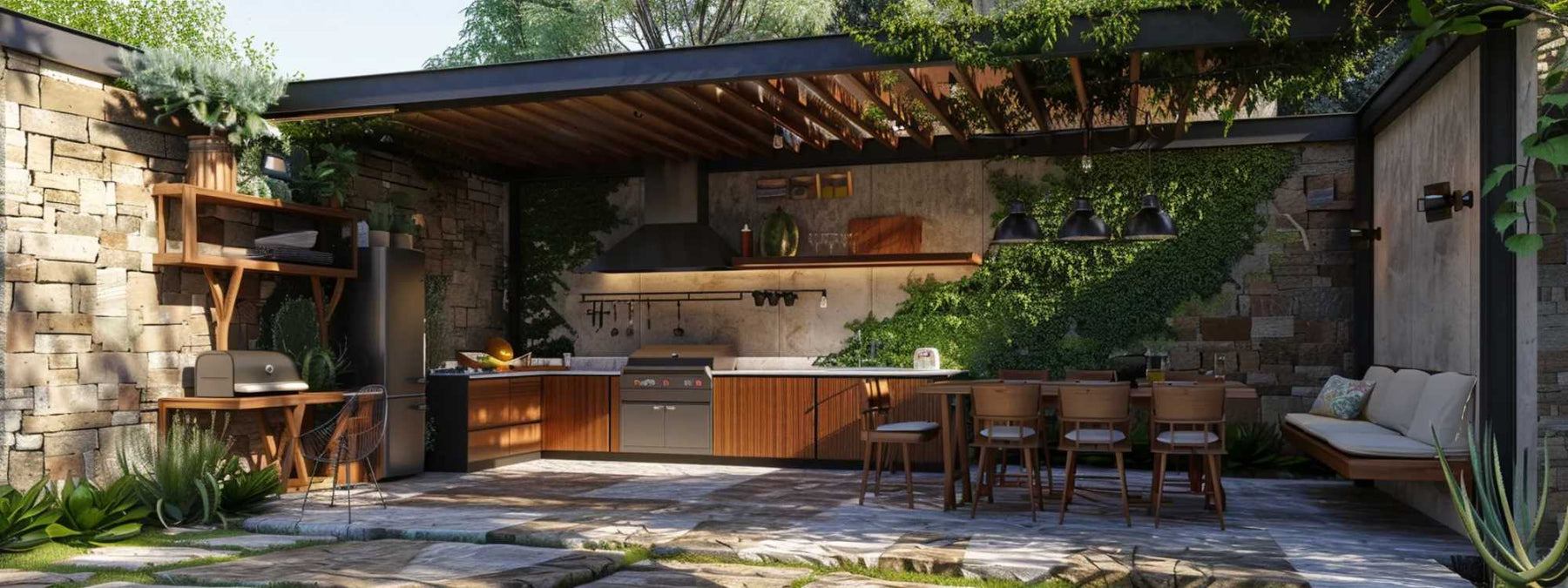 The image features a stylish stone-wall patio with a grill, dining area, and lush greenery—an example of how to choose pergolas for natural settings