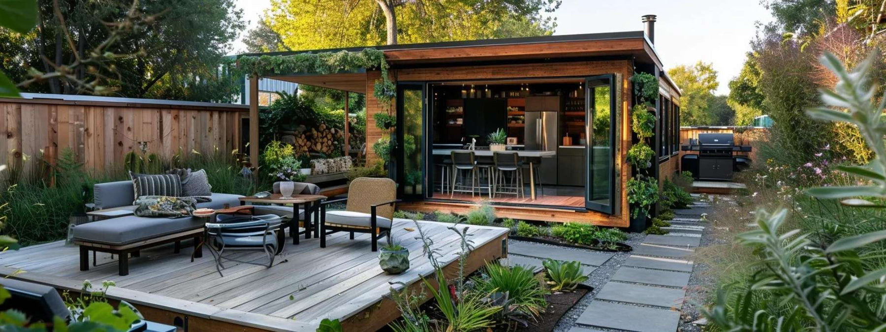 The photo shows a garden house with glass doors, a full kitchen, and lounge area, offering a real-life example of What Is a Garden House