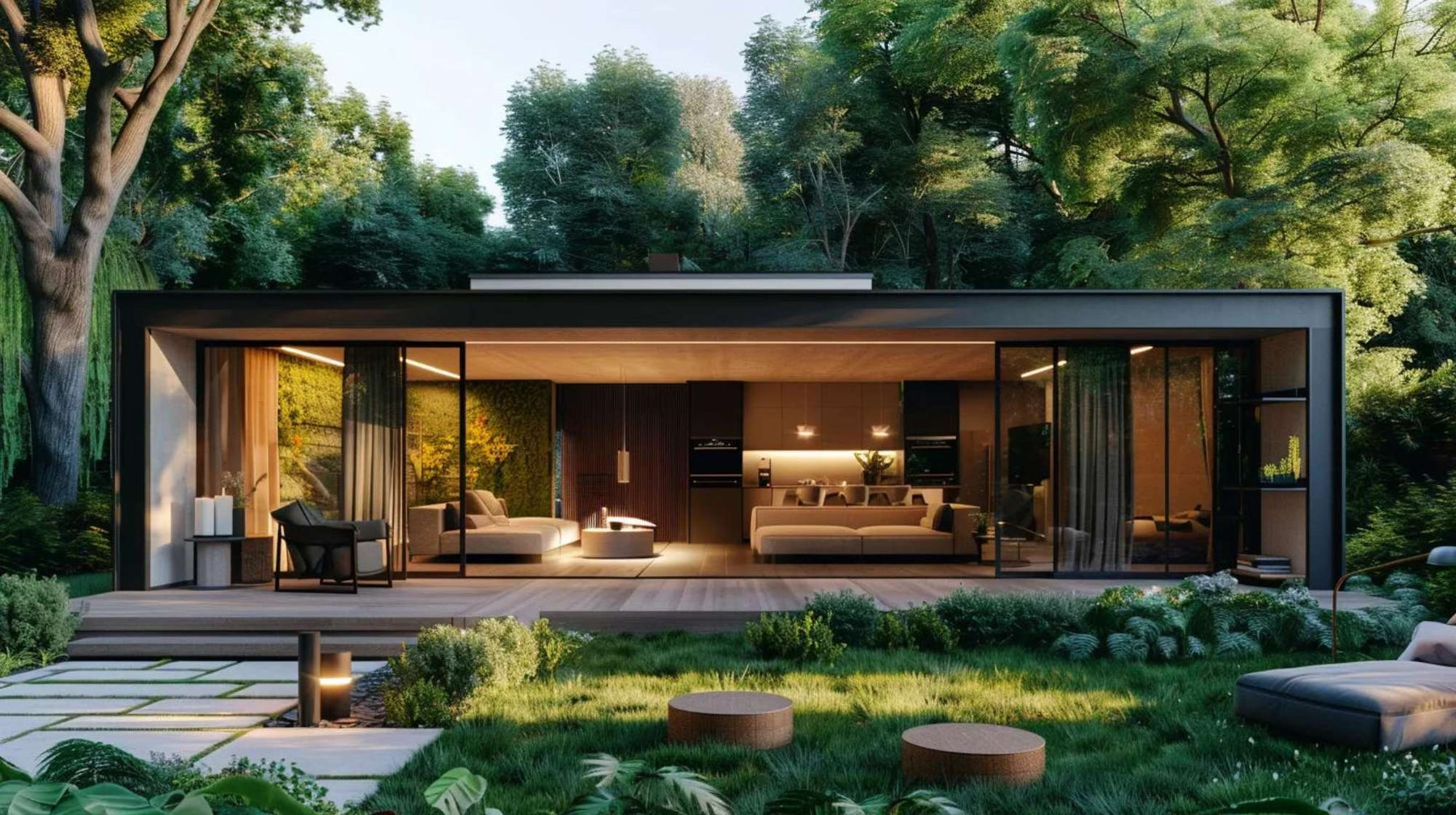 This image displays a minimalist garden house featuring wide glass doors and a tranquil patio, a beautiful example of How to Build a Garden House that brings the outdoors inside