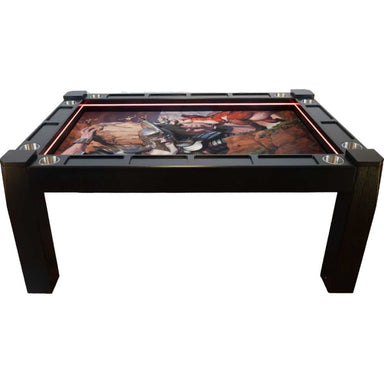 A Game Theory Tables Origins Lit table showcasing a Dungeons & Dragons-themed battle scene artwork, with a minimalist black frame and cup holders on each corner