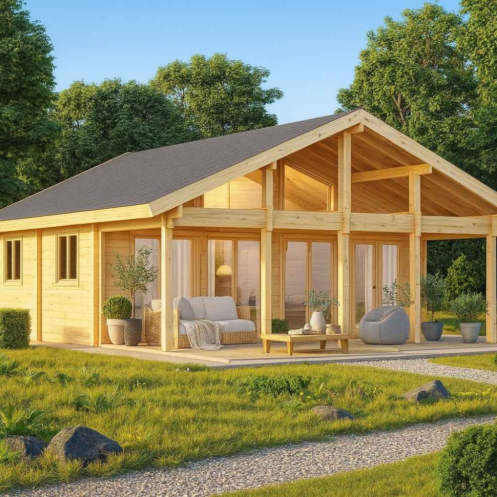 A GardenHouse24 USA Caroline 90 Garden Room with a spacious porch, large windows, and comfy outdoor seating