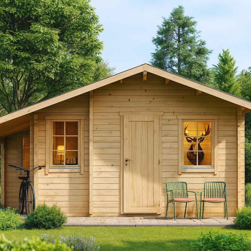 A GardenHouse24 USA Den 70 Garden Room with a centered door, two windows, two chairs outside, and a deer head visible through the right window